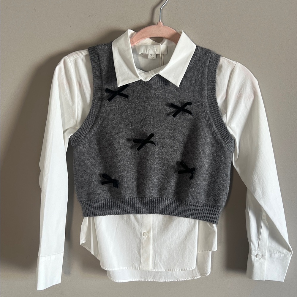 Zara Kids || Poplin Shirt with Knitted Vest + Velvet Bows - Picture 2 of 6